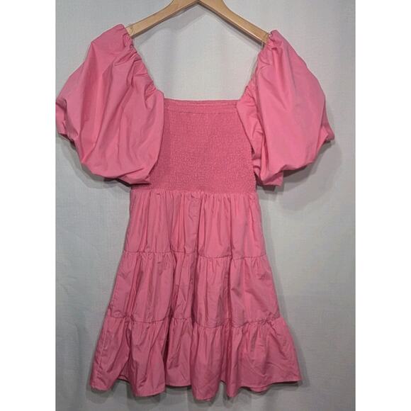 Entro Womens Pink Puff Sleeve Tiered‎ Mini Dress M Pink Smocked Bodice Coquette - Picture 4 of 8